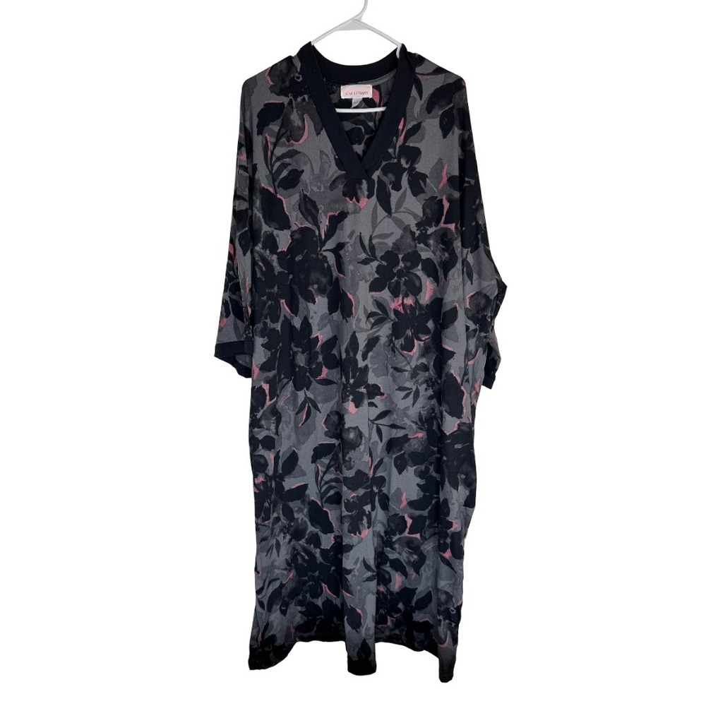 Stan Herman Caftan Women XL Noir Floral Sueded Jersey V-Neck Lounger A706786NF76